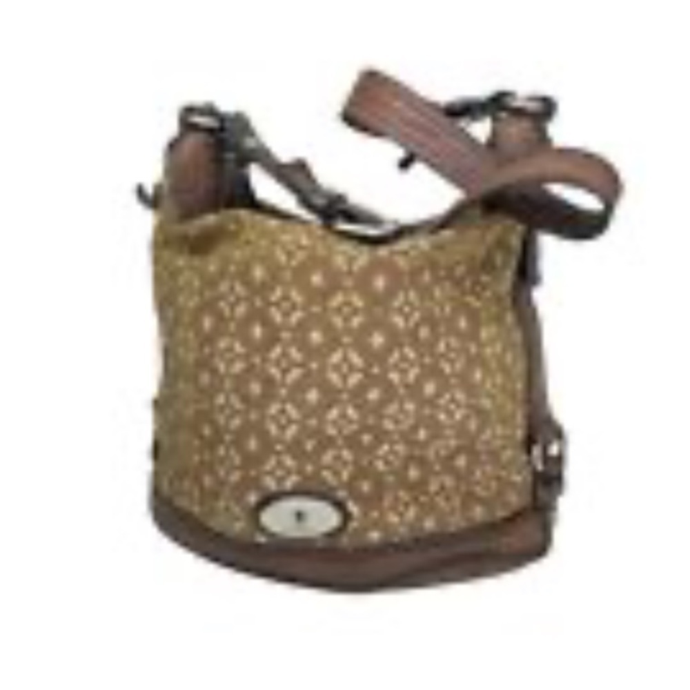Fossil Maddox Beige metallic Leather Canvas over the shoulder hobo purse